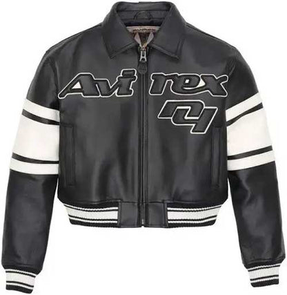 Close-up of Avirex appliqué branding on black leather jacket