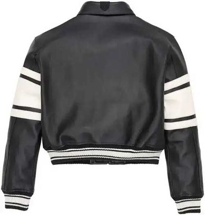 White contrast athletic stripes on the sleeves of women’s black bomber jacket