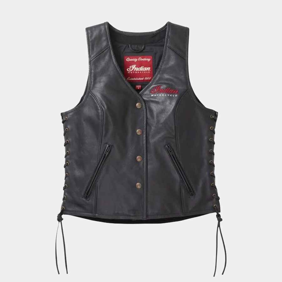 Women's black Indian Motorcycle vest crafted from genuine cowhide leather