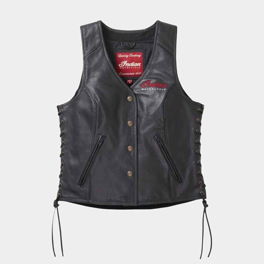 Women's black Indian Motorcycle vest crafted from genuine cowhide leather - 3amoto shop