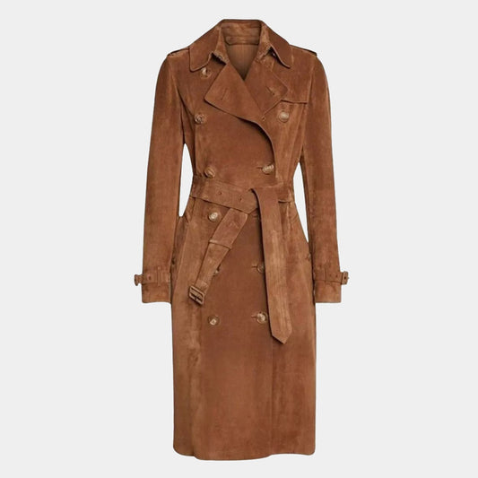 Women's Classic Italian Brown Suede Leather Long Trench Coat - 3amoto shop