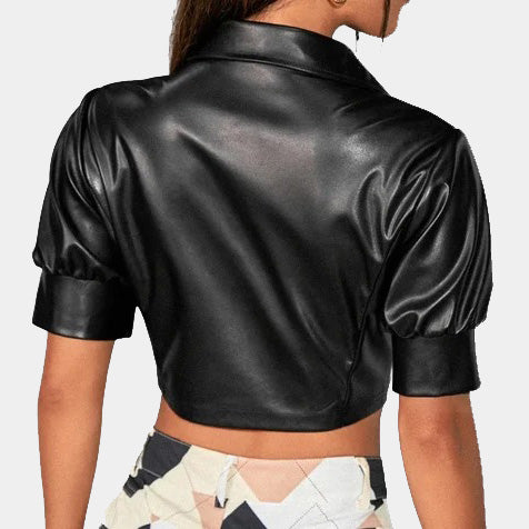 Women's Lambskin Cropped Leather Top - 3amoto