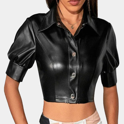 Women's Lambskin Cropped Leather Top - 3amoto