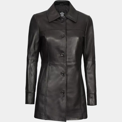 Women's Lambskin Leather Long Trench Coat - 3amoto