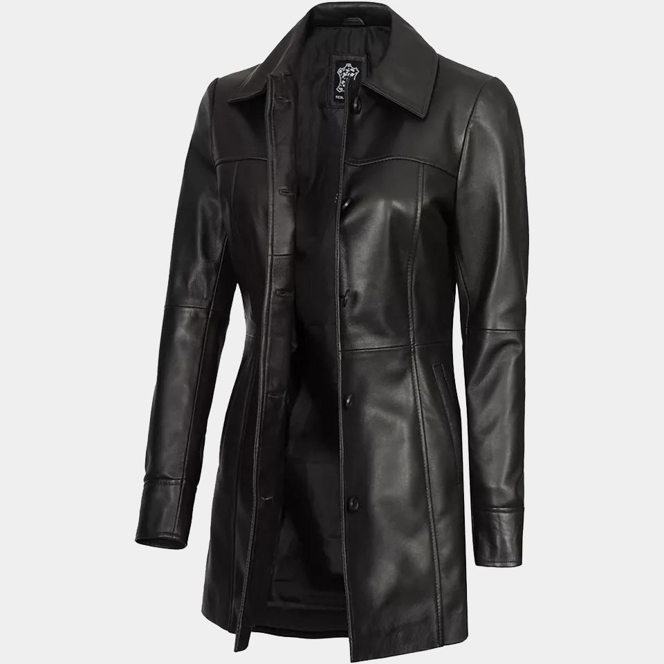 Women's Lambskin Leather Long Trench Coat - 3amoto