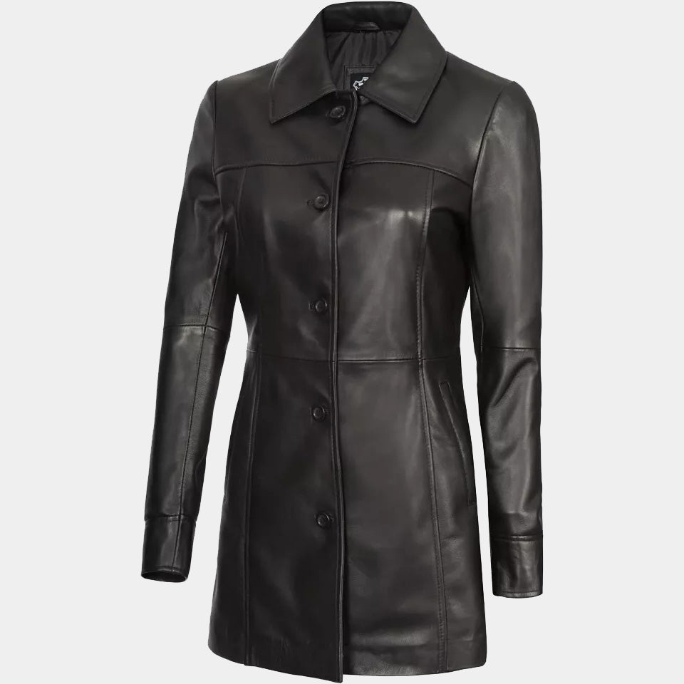 Women's Lambskin Leather Long Trench Coat - 3amoto