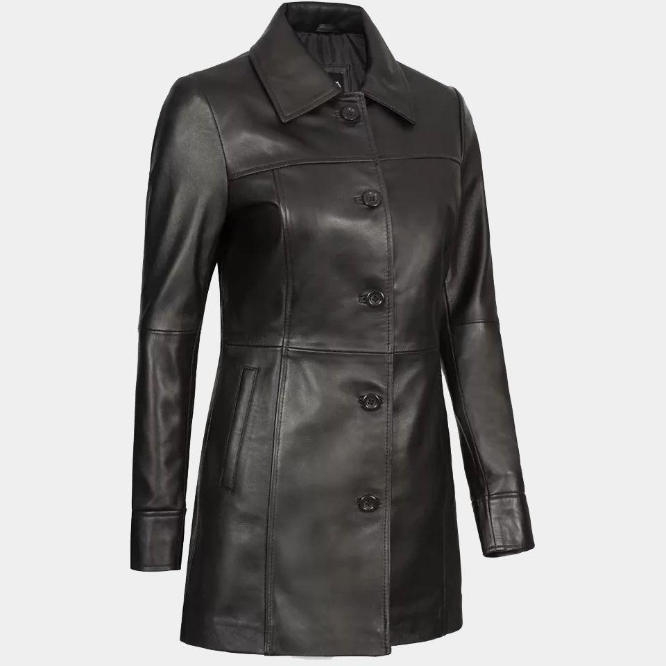 Women's Lambskin Leather Long Trench Coat - 3amoto