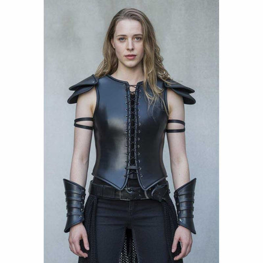 Women’s Genuine Leather Warrior Corset Armor Costume front view - 3amoto shop