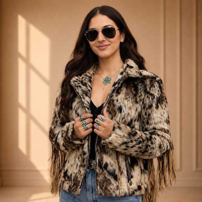 Women's leopard print faux fur western fringe jacket