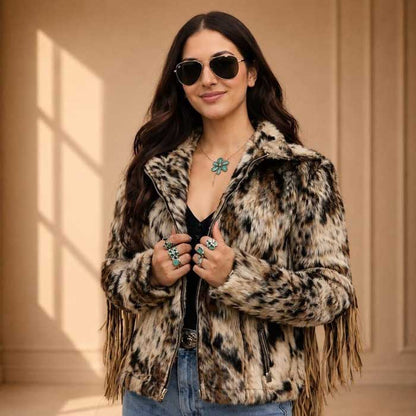 Women's leopard print faux fur western fringe jacket