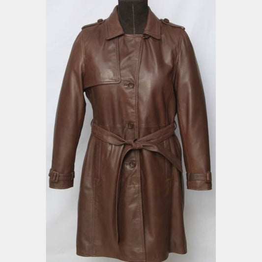 Women’s Long Brown Leather Coat - 3amoto shop