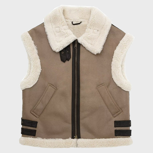 Women's Loose Shearling Front Zipper Vest - Shearling Vest Women - Fashion Leather Jackets USA - 3AMOTO