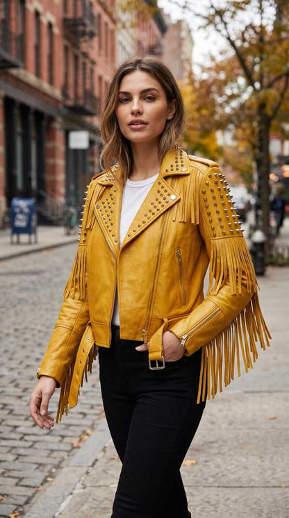 Women's Mustard Yellow Sheepskin Leather Fringe Jacket Cowgirl Style