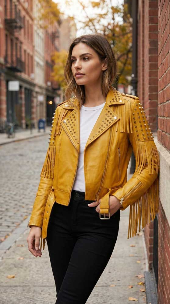 Women's Mustard Yellow Sheepskin Leather Fringe Jacket Cowgirl Style