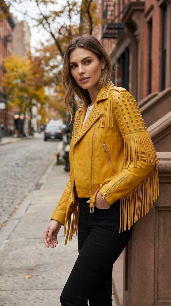 Women's Mustard Yellow Sheepskin Leather Fringe Jacket Cowgirl Style