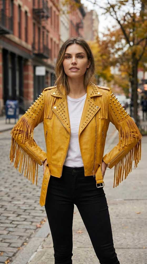 Women's Mustard Yellow Sheepskin Leather Fringe Jacket Cowgirl Style