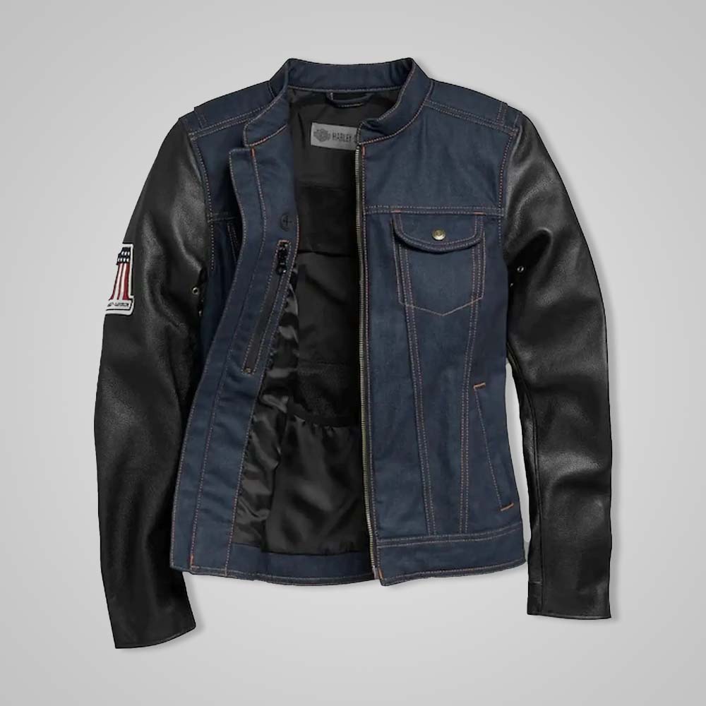 Women's Navy Denim Jacket with Leather Sleeves | No. 1 Patch