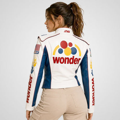 White women’s racing leather jacket with red blue and yellow graphics
