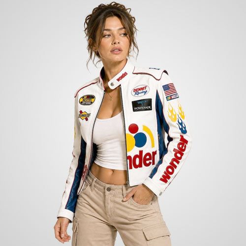 Women’s Ricky Bobby racing leather jacket inspired by Talladega Nights