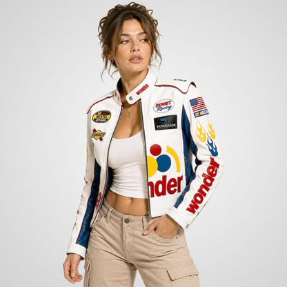 Women’s Ricky Bobby racing leather jacket inspired by Talladega Nights