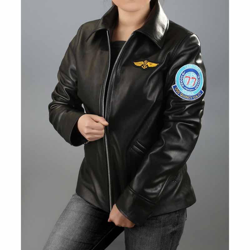 Women's Black Real Sheepskin Kelly Flight Leather Jacket with Embroidered Patches
