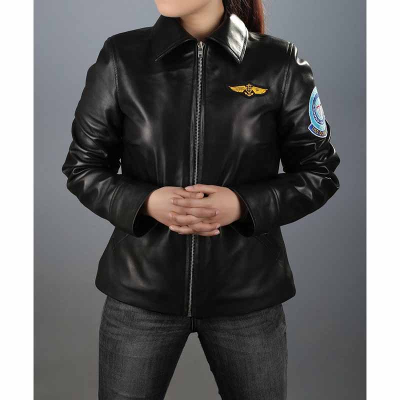 Women's Black Real Sheepskin Kelly Flight Leather Jacket with Embroidered Patches