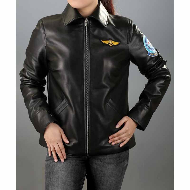 Women's Black Real Sheepskin Kelly Flight Leather Jacket with Embroidered Patches