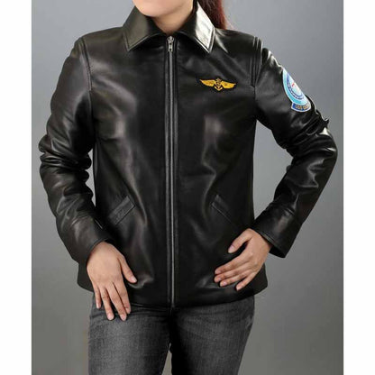 Women's Black Real Sheepskin Kelly Flight Leather Jacket with Embroidered Patches