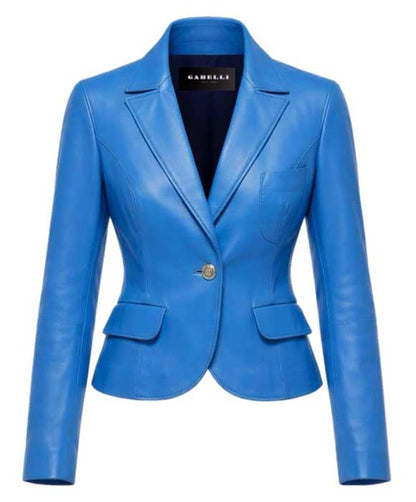 Fitted cropped leather blazer with sharp lapels for women