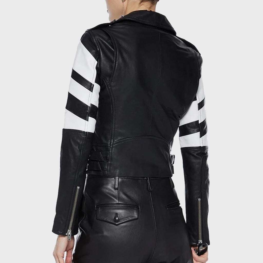 Women's Black Leather Biker Jacket, Grey Horizontal Striped Long