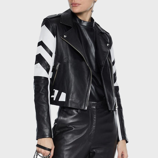 Women's Striped Leather Motorcycle Jacket - Fashion Leather Jackets USA - 3AMOTO
