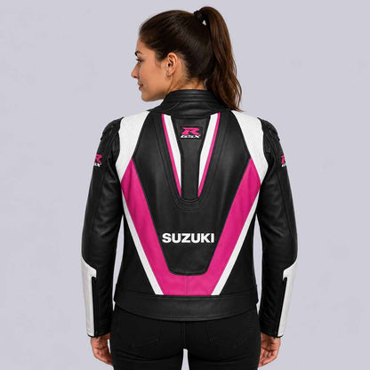 Pink Suzuki GSXR motorcycle leather jacket with CE armor ready pockets