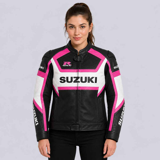 Women's Suzuki GSXR pink and black genuine cowhide leather racing jacket - 3amoto shop