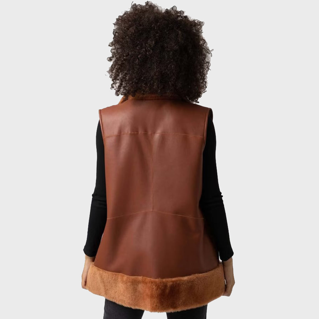 Women's Tan Brown B3 Bomber Shearling Fur Long Vest