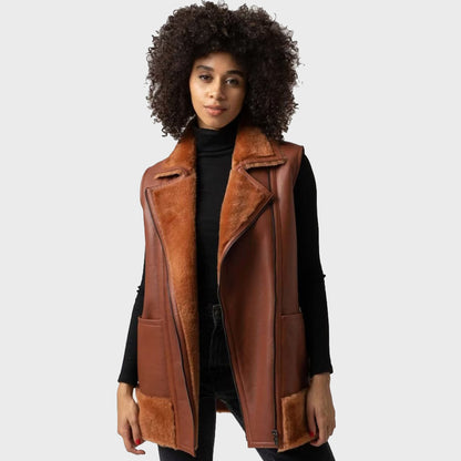 Women's Tan Brown B3 Bomber Shearling Fur Long Vest