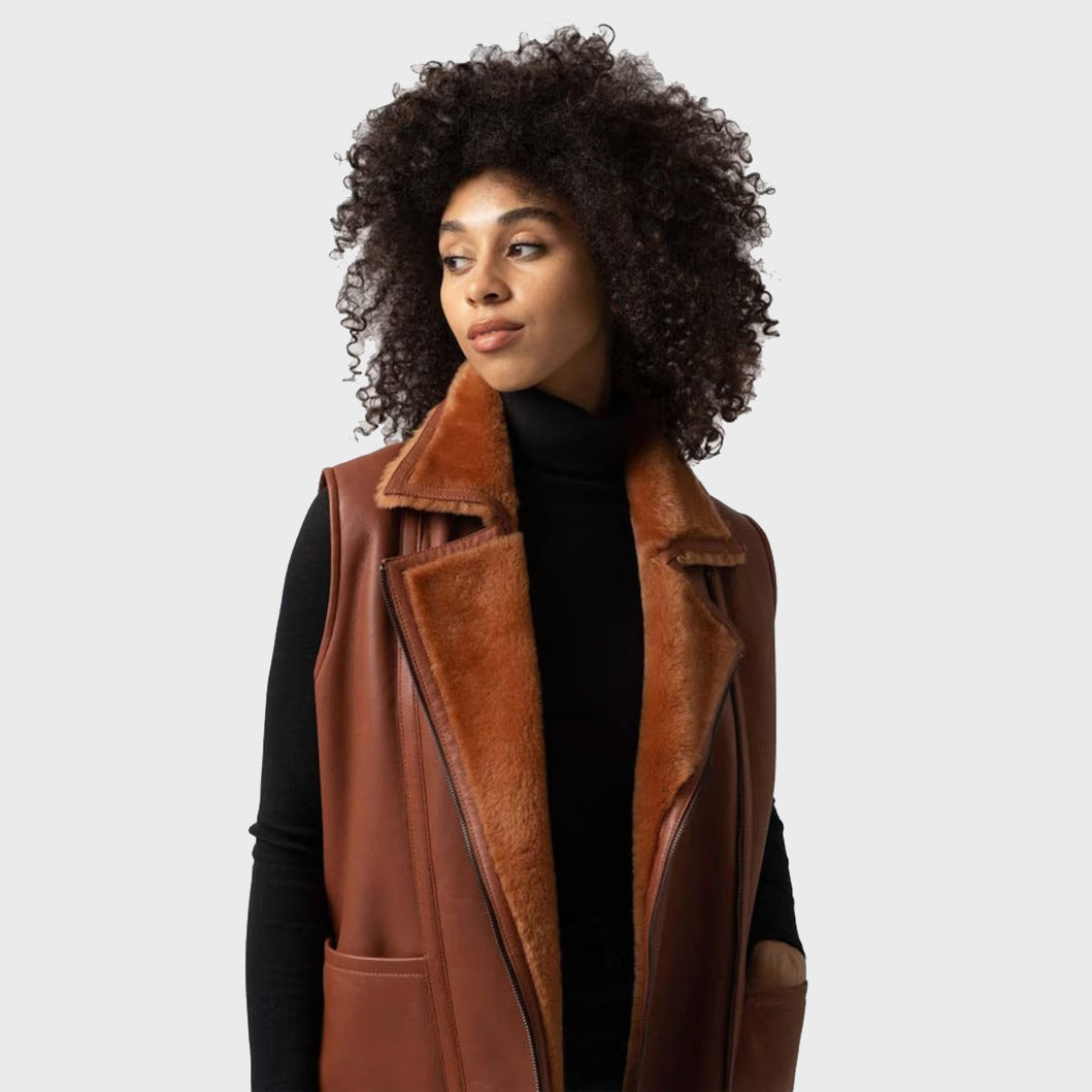 Women's Tan Brown B3 Bomber Shearling Fur Long Vest