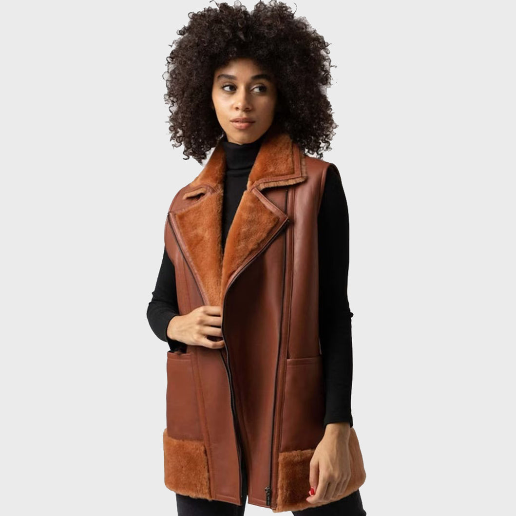 Women's Tan Brown B3 Bomber Shearling Fur Long Vest