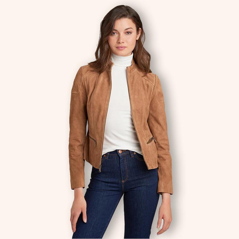 Women's Tan Brown Suede Leather Biker Jacket 3amoto