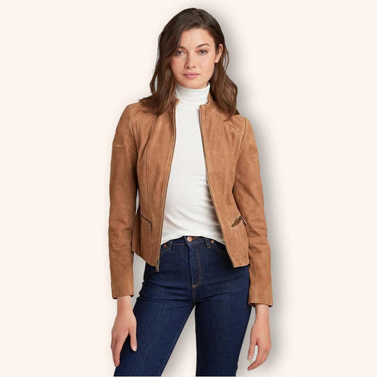 Women's Tan Brown Suede Leather Biker Jacket 3amoto - 3amoto shop