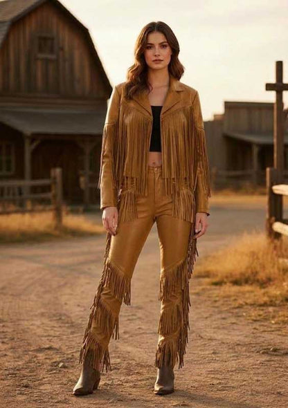 Women’s Tan Brown Sheepskin Leather Fringe Jacket and Pants Set