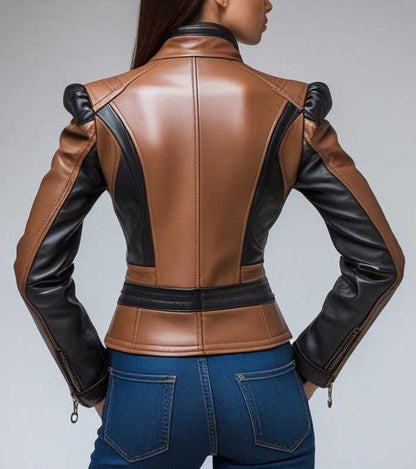 Genuine brown and black leather biker jacket for women with quilted shoulders