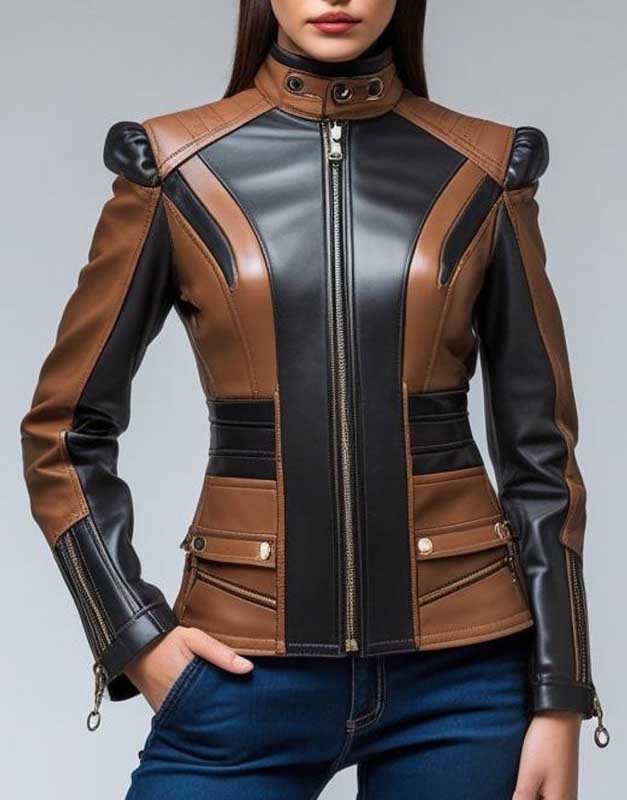 Women's two-tone motorcycle biker leather jacket by 3AMOTO