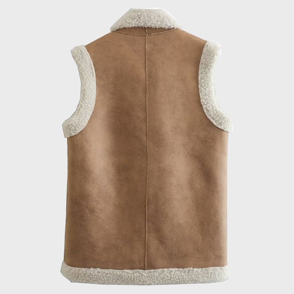 Women's Vintage Sleeveless Shearling Waistcoat with Front Button