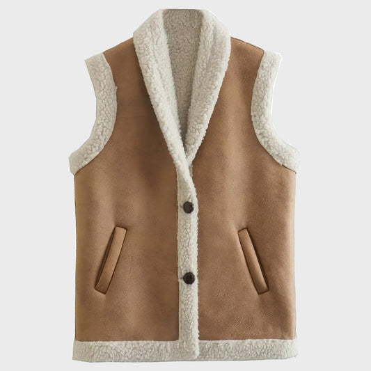 Women's Vintage Sleeveless Shearling Waistcoat with Front Button - 3amoto shop