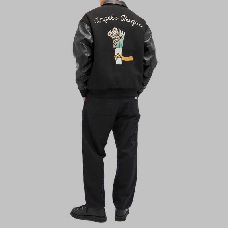 wool blend fabric and embroidered script detail on varsity jacket