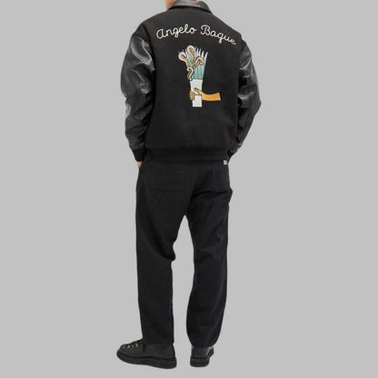 wool blend fabric and embroidered script detail on varsity jacket