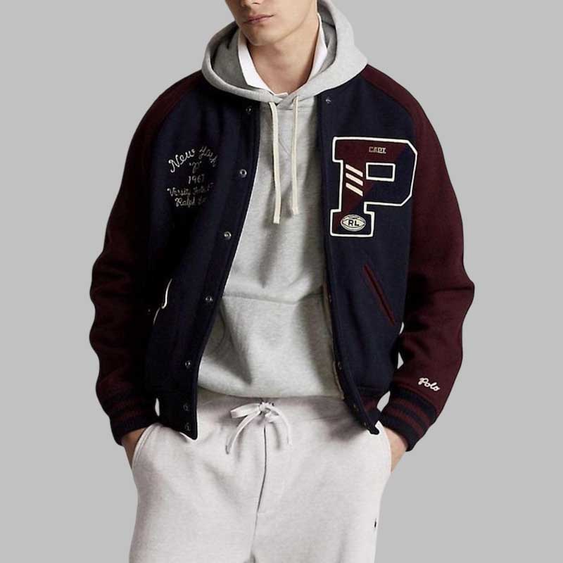wool blend varsity jacket in navy and burgundy