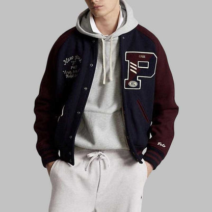 wool blend varsity jacket in navy and burgundy
