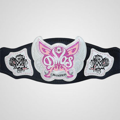 Pink and silver butterfly wrestling championship belt with detailed plates