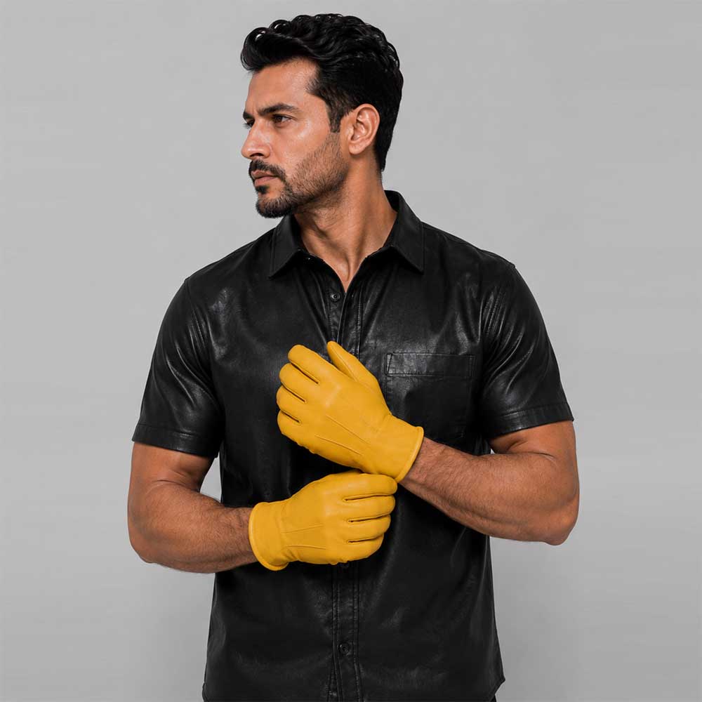 Premium yellow leather glove with soft faux fur lining for winter comfort